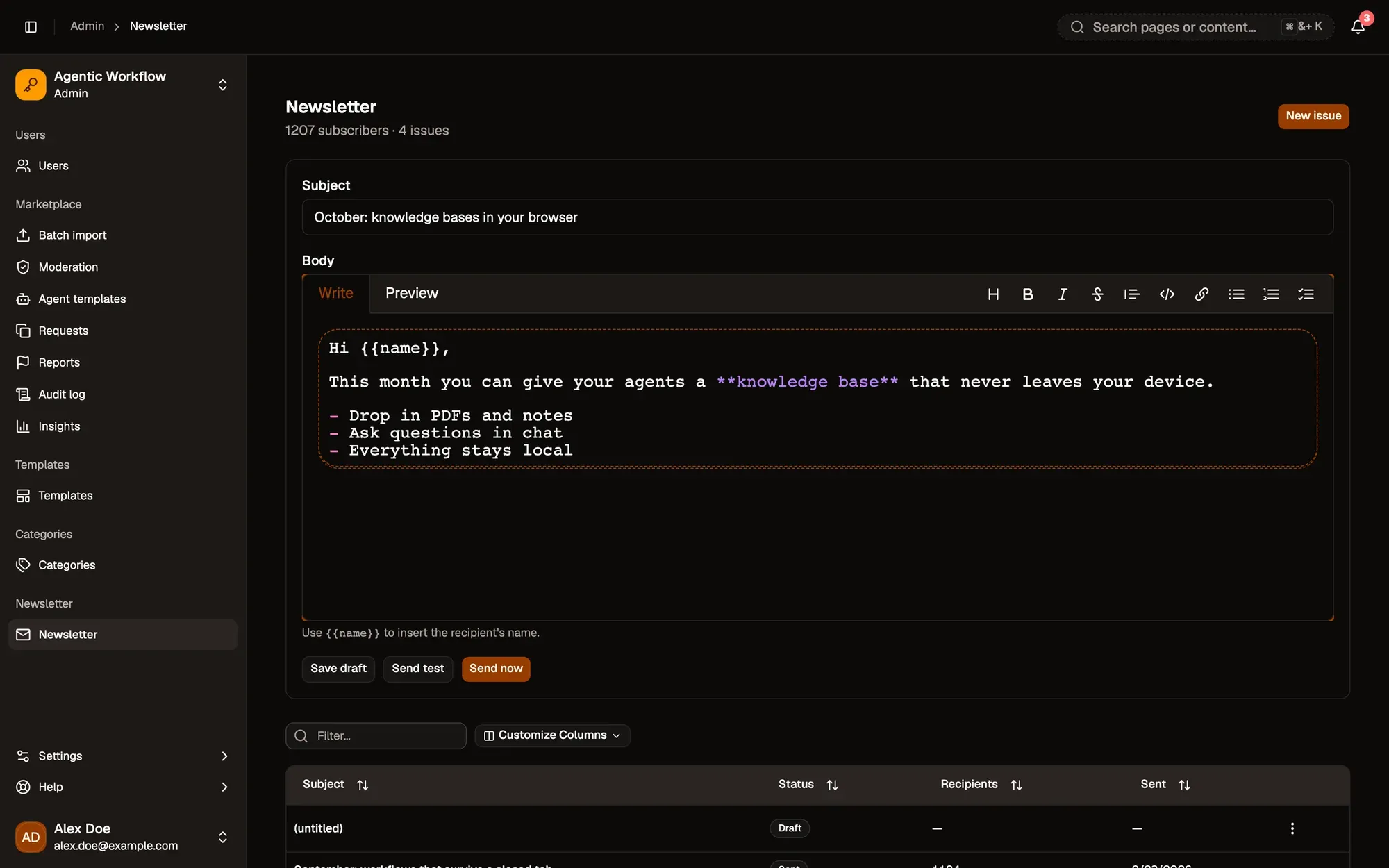 Admin panel, Newsletter, with a new draft open: the Subject field, the Markdown Body editor starting with Hi {{name}}, the hint to use {{name}} for the recipient's name, and the Save draft, Send test and Send now buttons.
