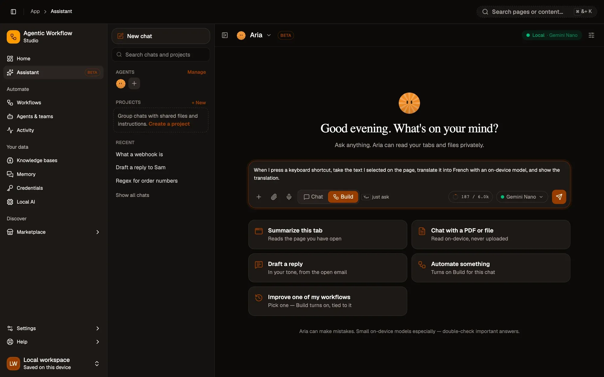 Step 2, close-up of the app: Chat | Build switch, set to Build, outlined.