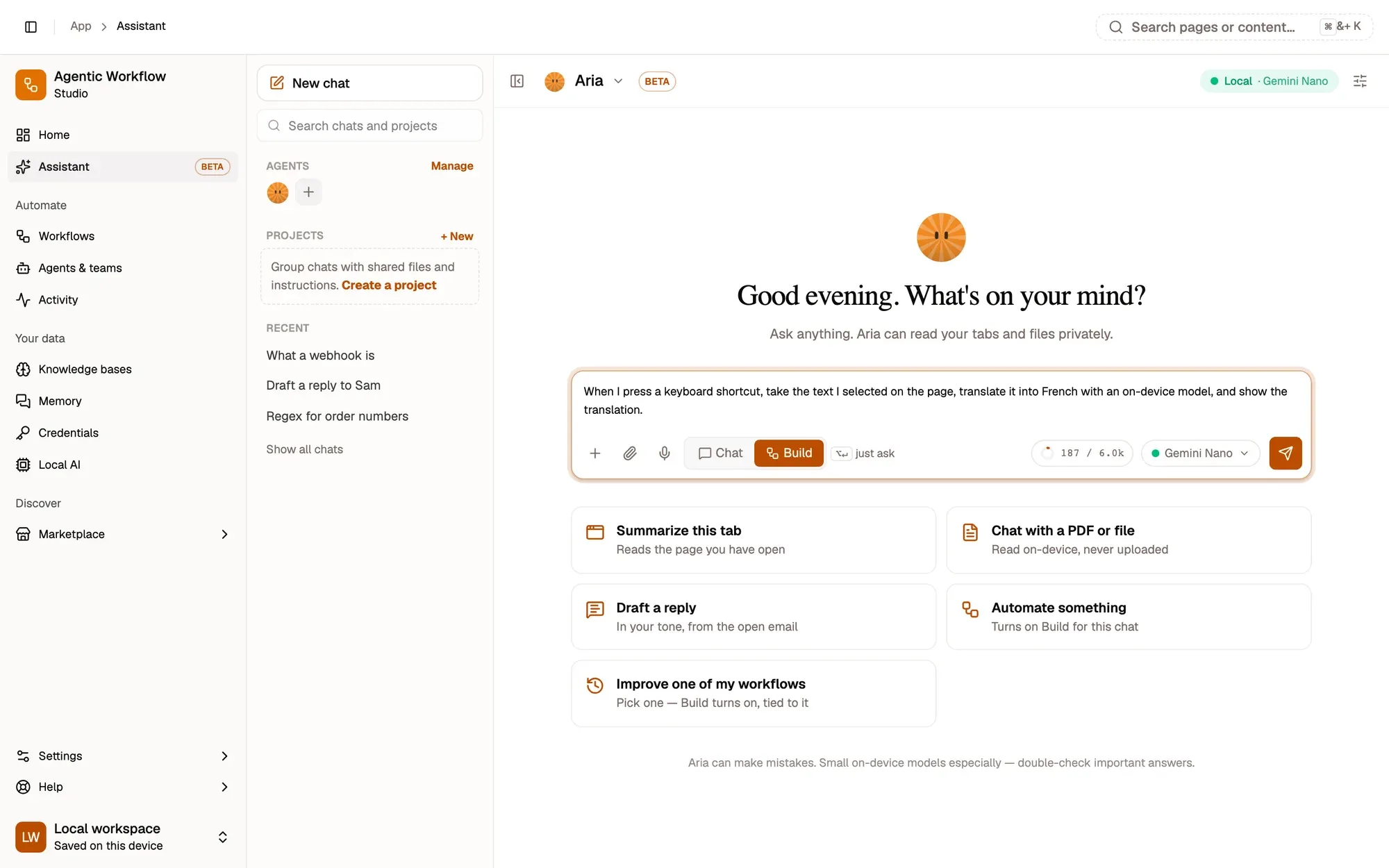 Step 2, close-up of the app: Chat | Build switch, set to Build, outlined.