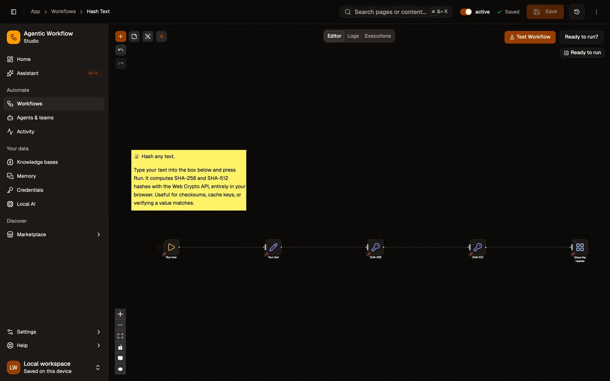Step 1, close-up of the app: Test Workflow: run it now, outlined.