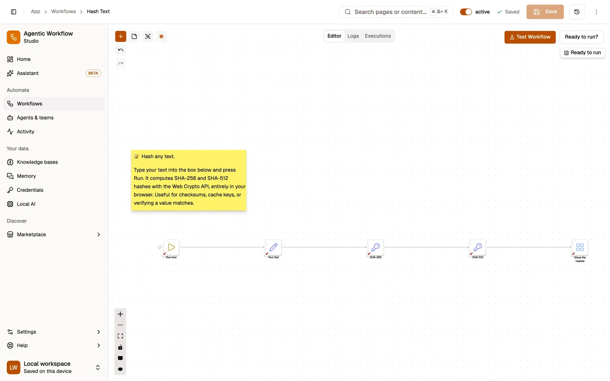 Step 1, close-up of the app: Test Workflow: run it now, outlined.
