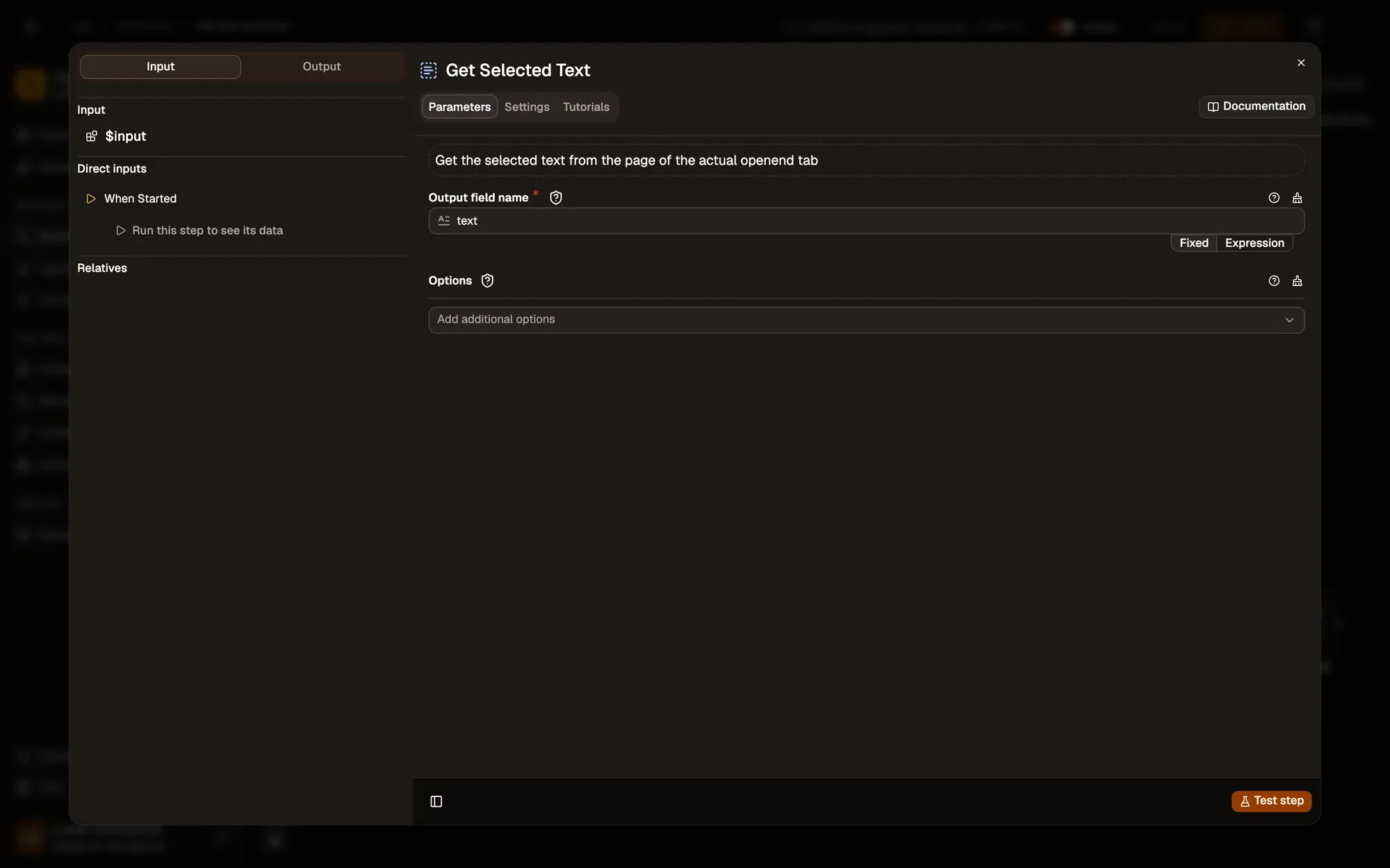 Step 3, close-up of the app: Output field name, set to text, outlined.
