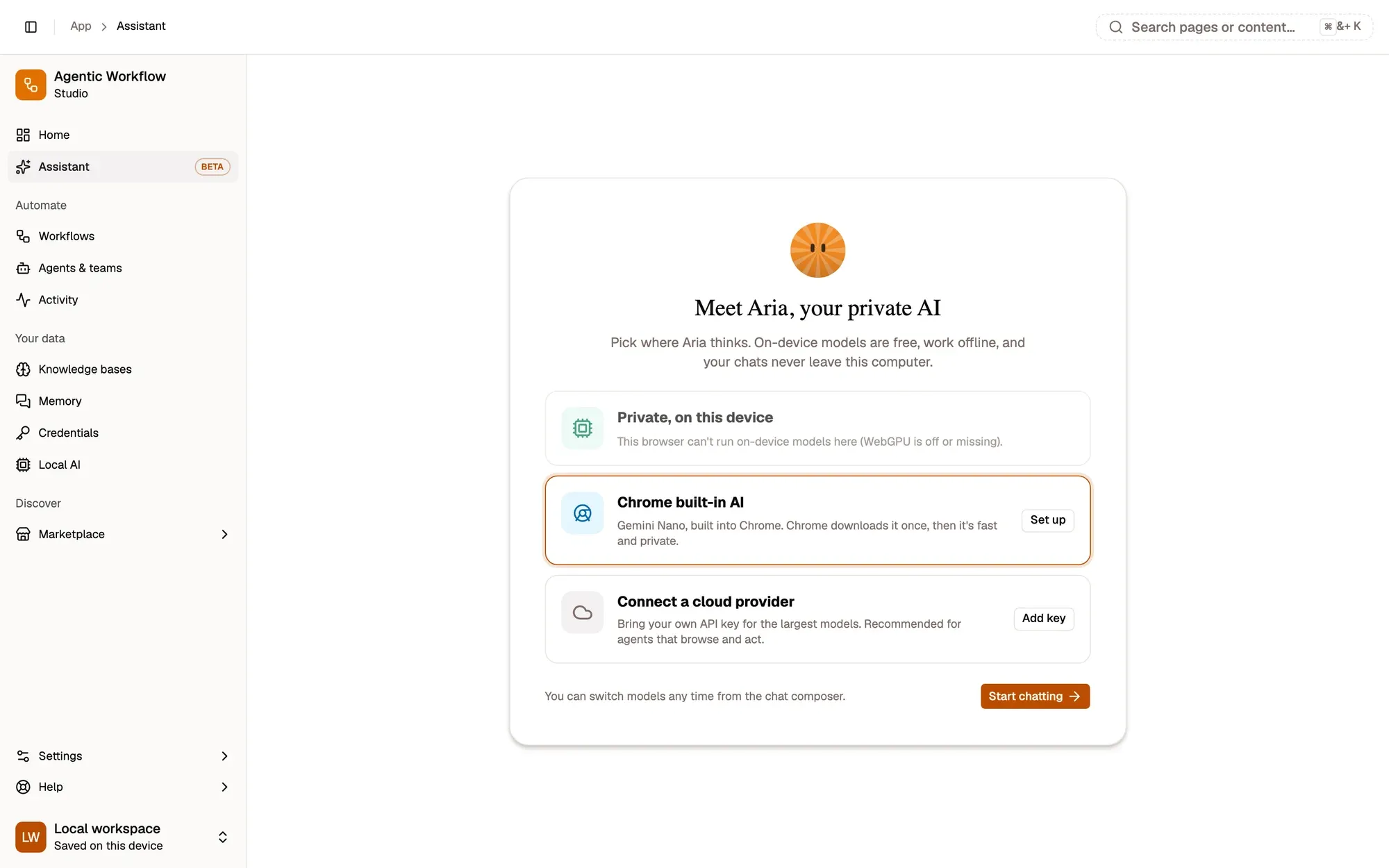 Step 1, close-up of the app: Start chatting, outlined.