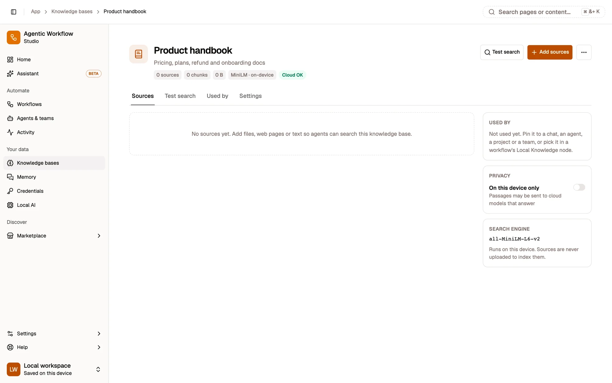 A new knowledge base called Product handbook: its source, chunk and size counters, the on-device MiniLM search engine and Cloud OK badges, the Sources, Test search, Used by and Settings tabs, and side cards for Used by, Privacy and Search engine. It has no sources yet.