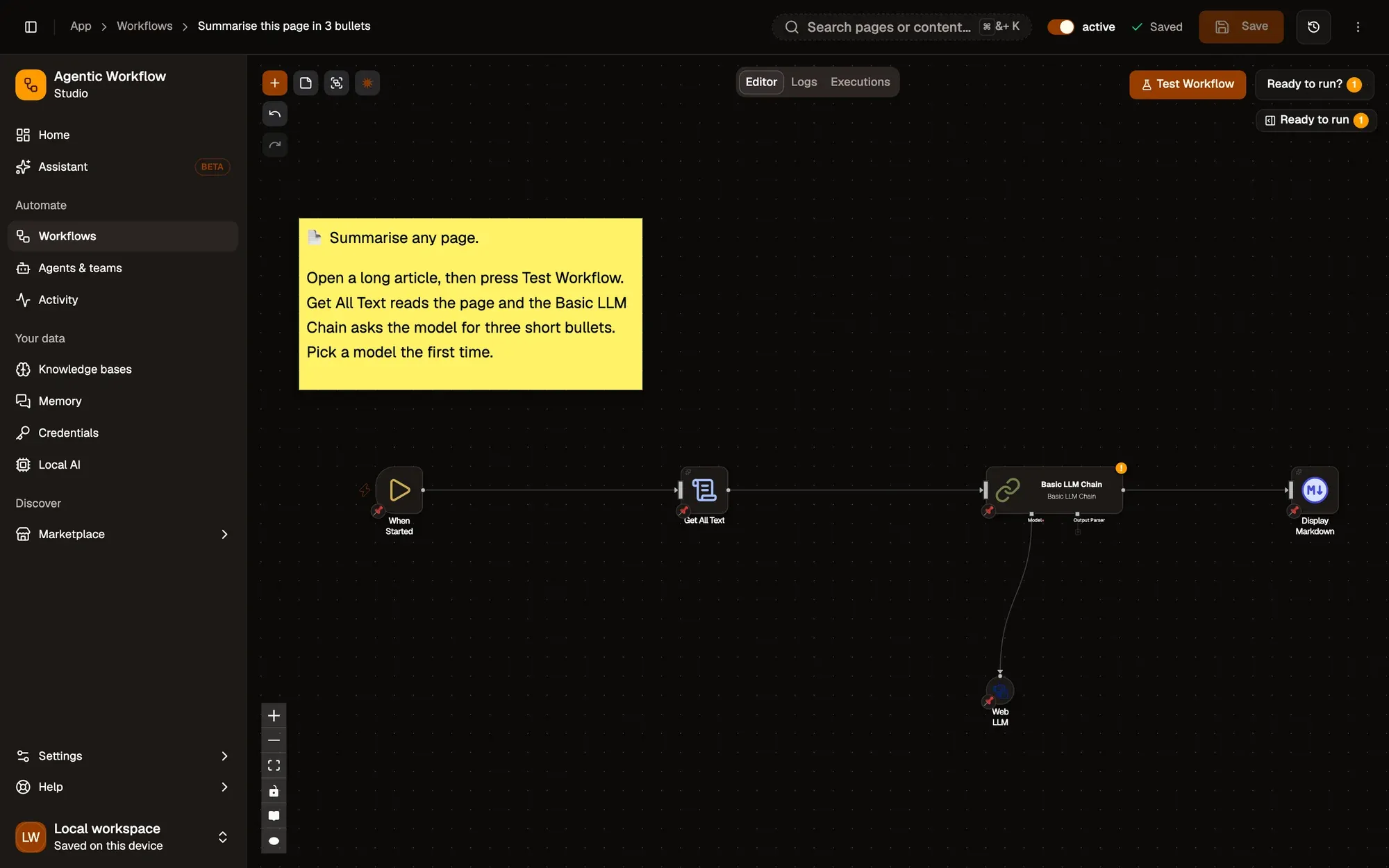 Step 2, close-up of the app: Basic LLM Chain, outlined.