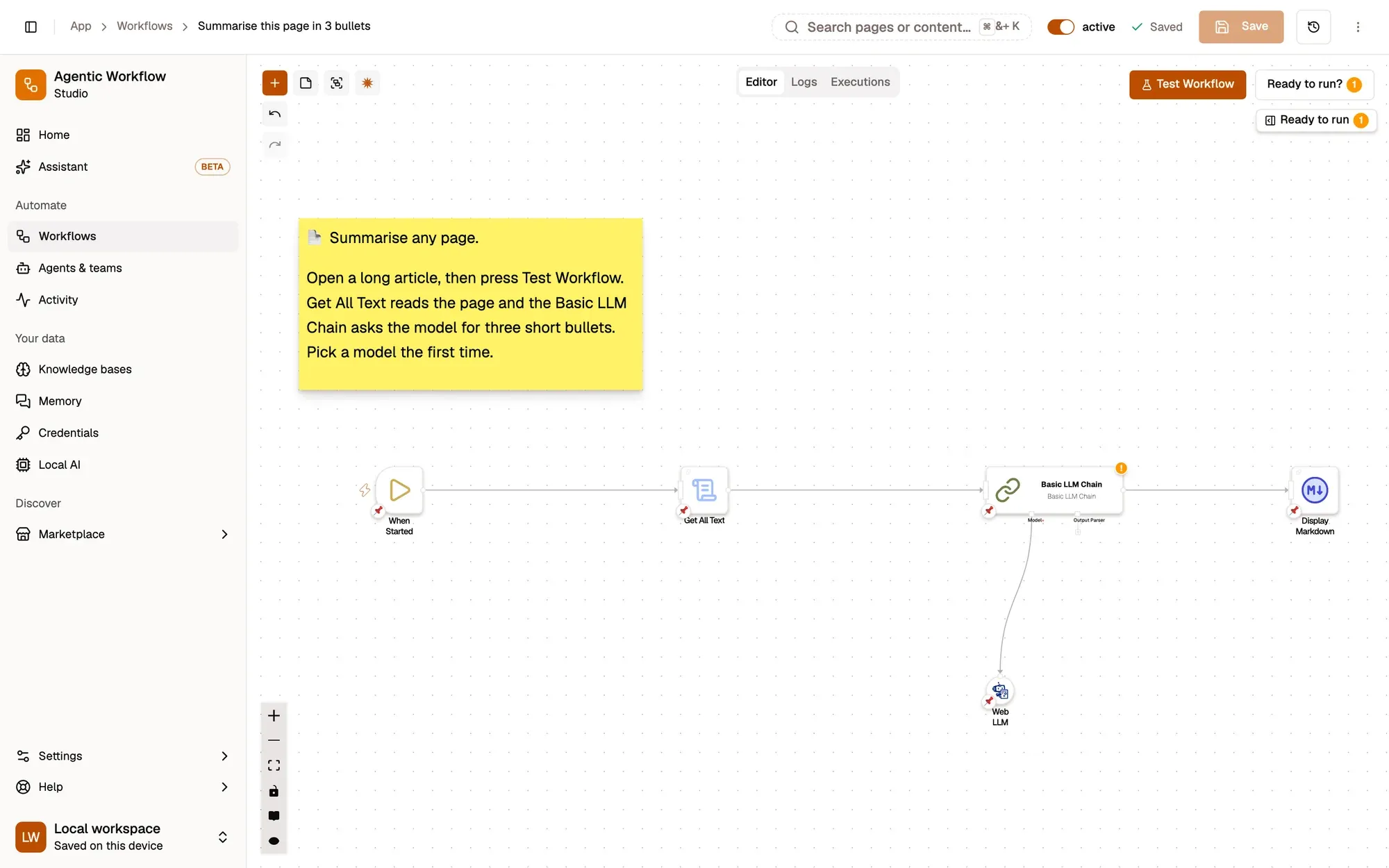 Step 2, close-up of the app: Basic LLM Chain, outlined.