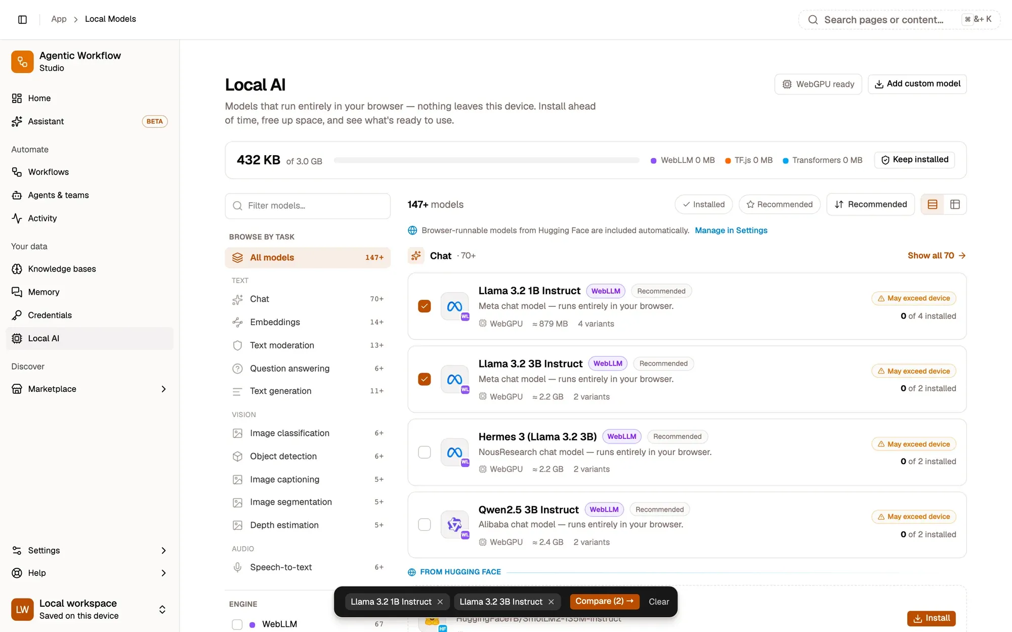 The Local AI page with Llama 3.2 1B Instruct and Llama 3.2 3B Instruct ticked for comparison: their compare checkboxes are checked and a bar at the bottom lists both models with a Compare (2) button and Clear.