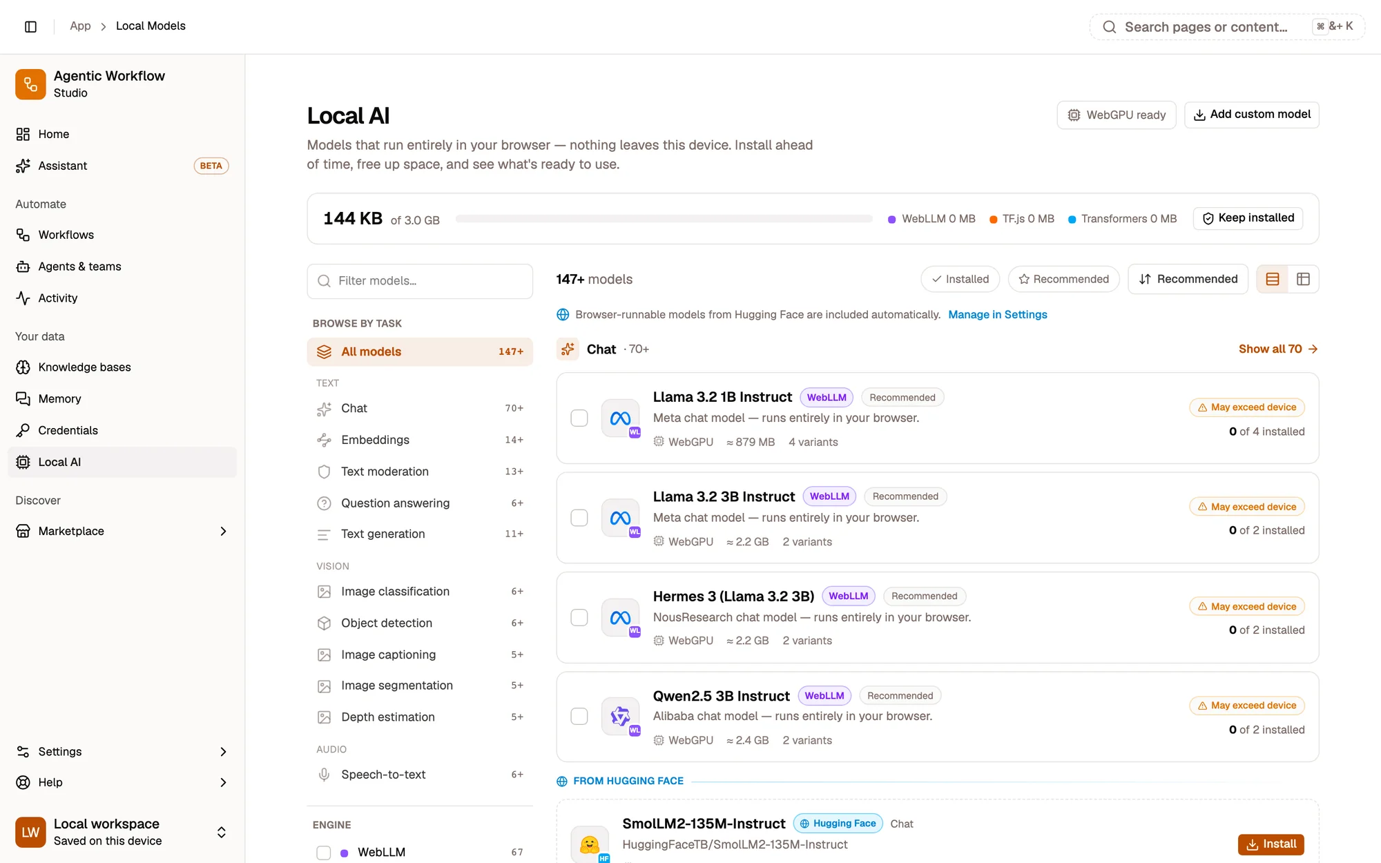 The Local AI page: storage used by on-device models split by engine (WebLLM, TF.js, Transformers), a task list on the left (Chat, Embeddings, vision and audio tasks) and model cards on the right, such as Llama 3.2 1B Instruct with its size, variants and install state.