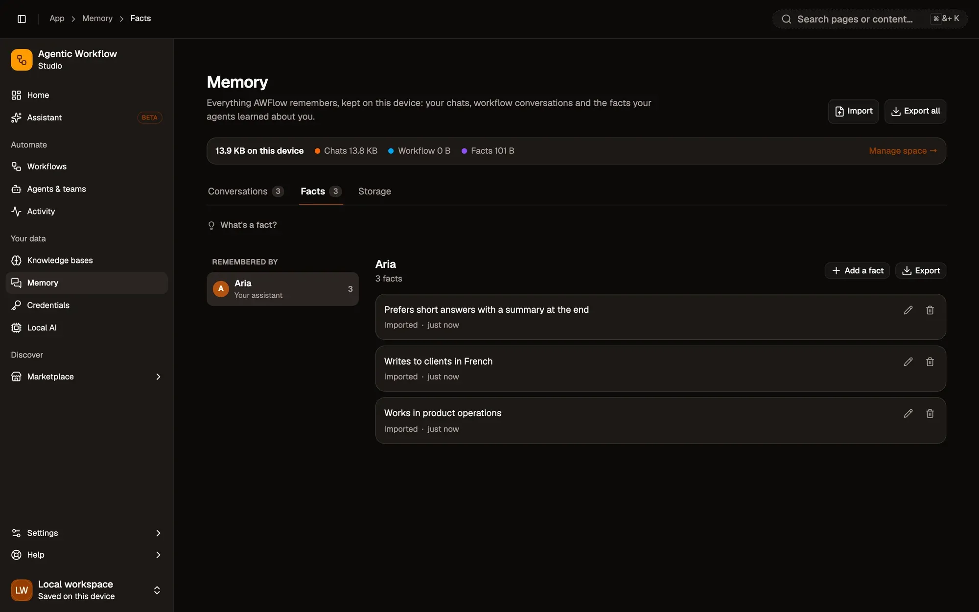 The Facts tab of Memory: Remembered by lists Aria with 3 facts; Aria's facts are Prefers short answers with a summary at the end, Writes to clients in French and Works in product operations, each with Edit and Forget buttons, under Add a fact and Export.