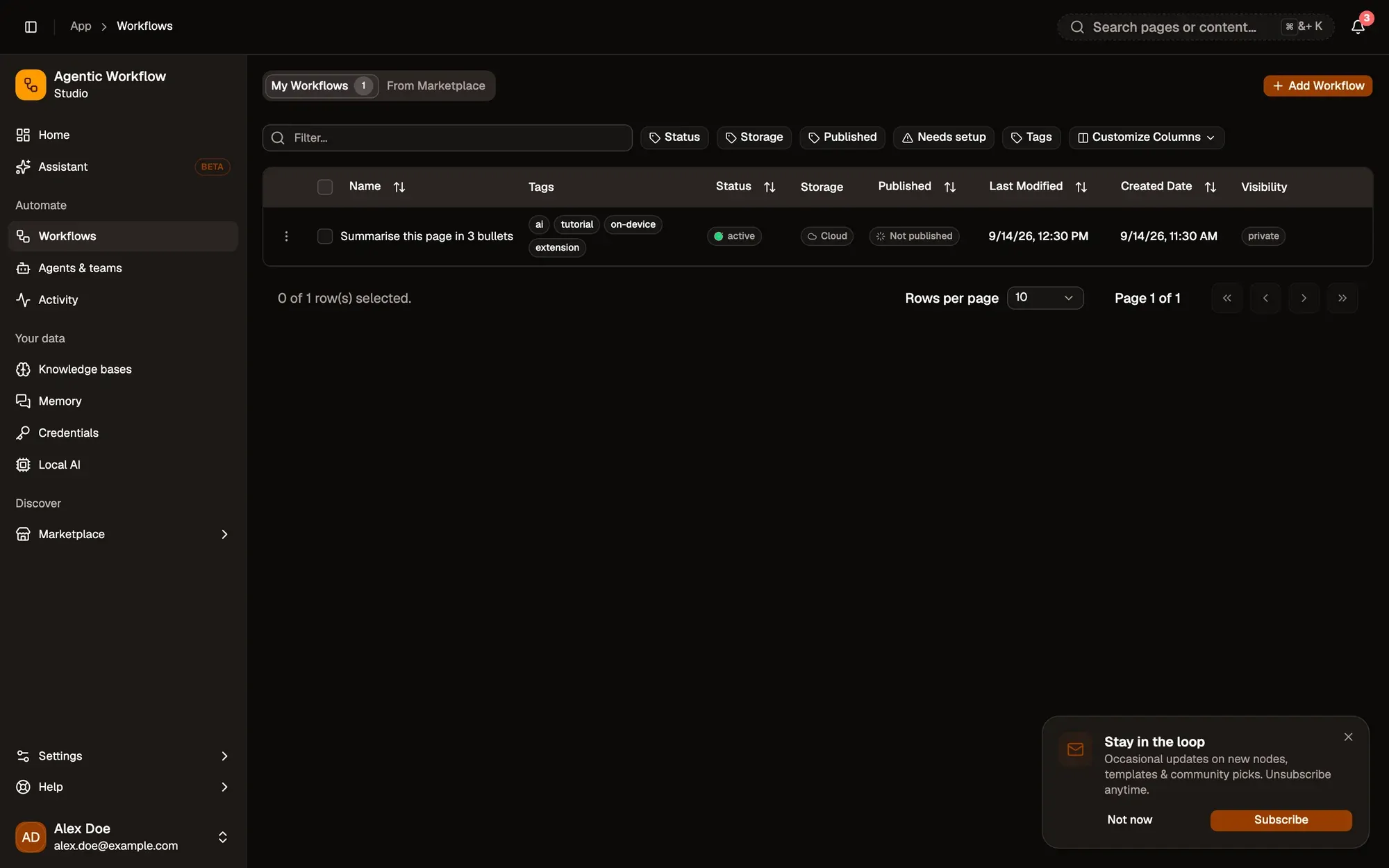 The Workflows page of a fictional signed-in account with the Stay in the loop card in the bottom-right corner: occasional updates on new nodes, templates and community picks, with Not now and Subscribe buttons and a close button.