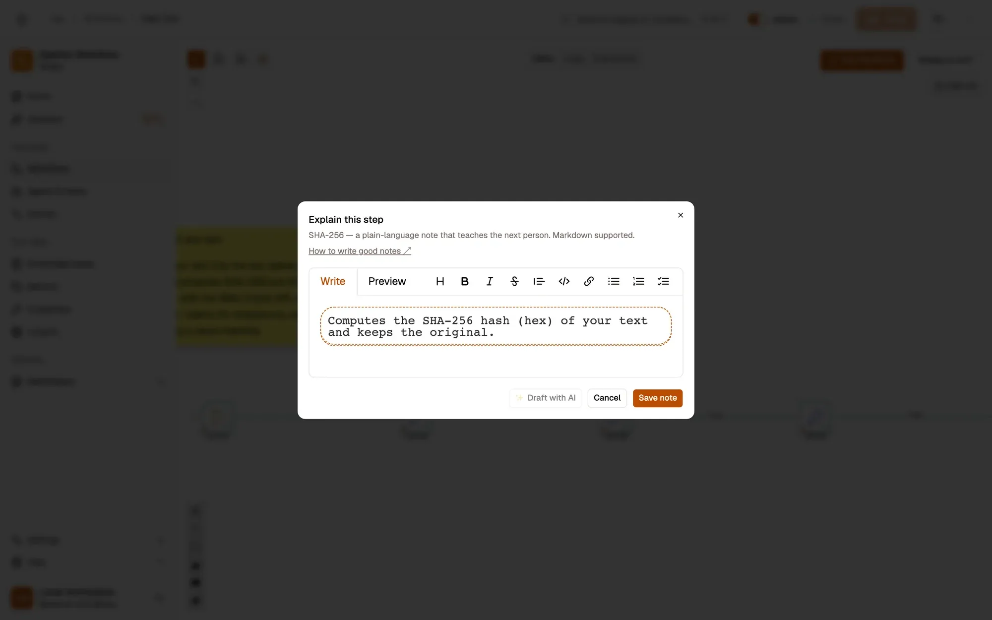 Step 3, close-up of the app: Save note, outlined.