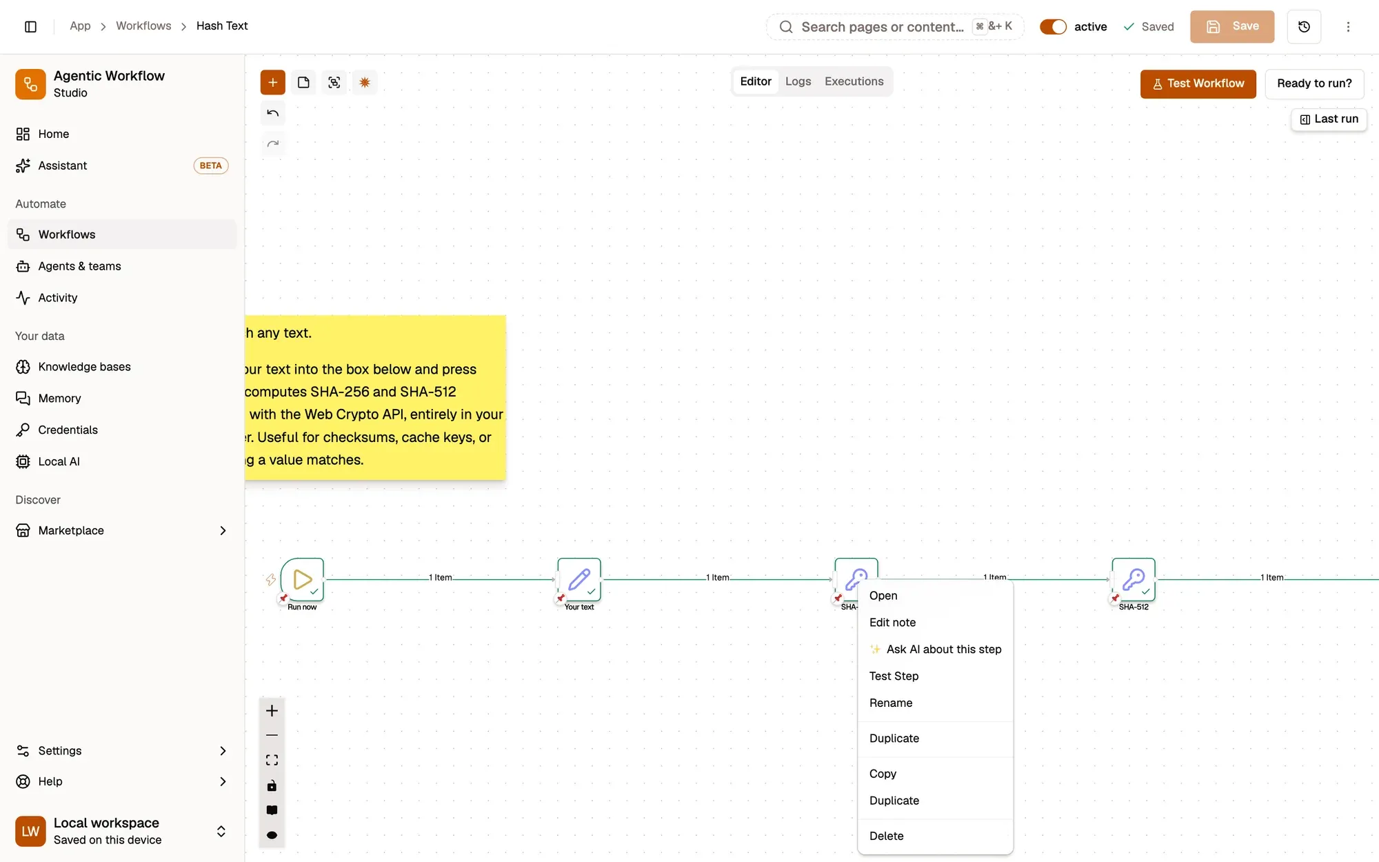 Step 1, close-up of the app: The step you right-clicked, outlined.
