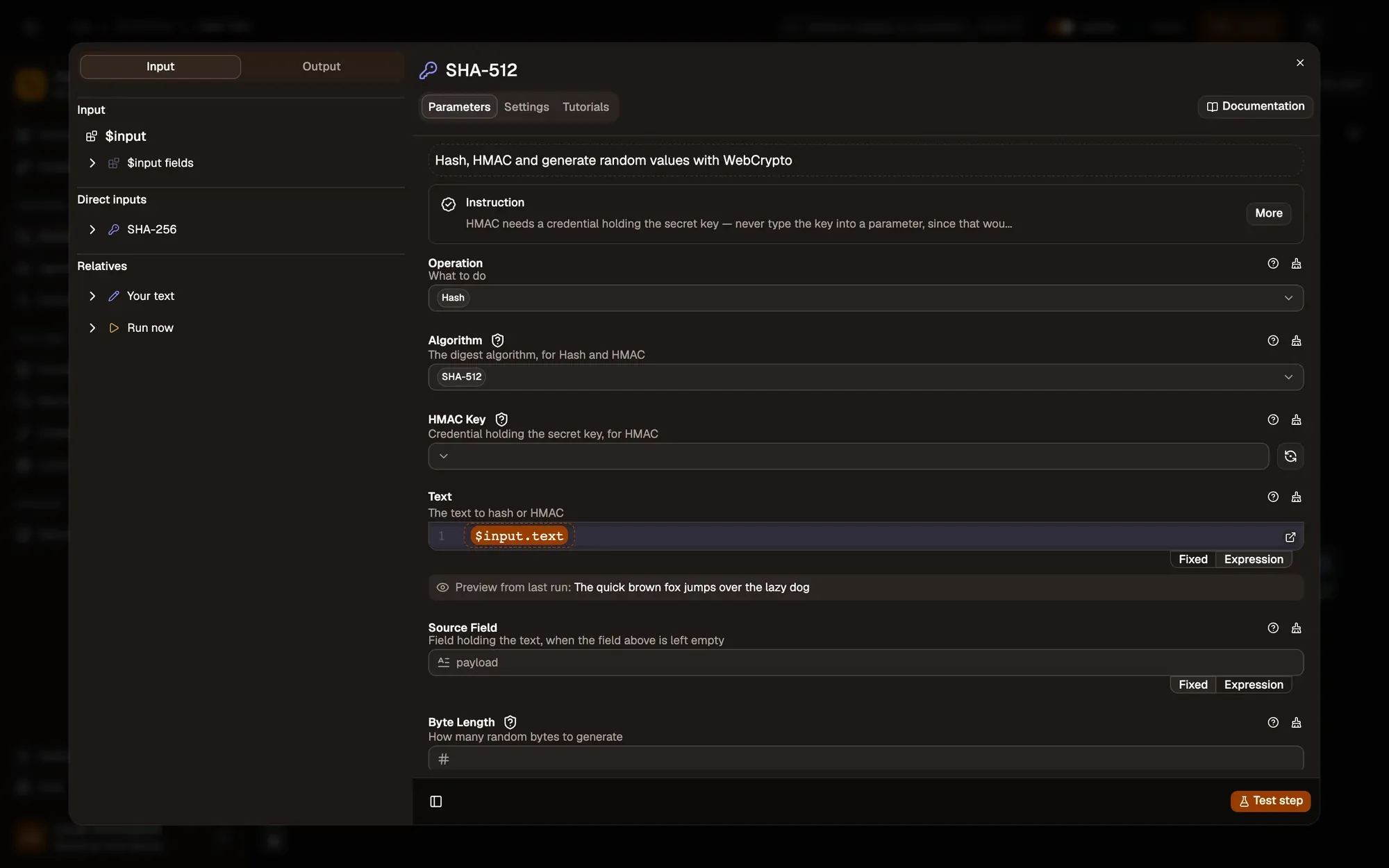 Step 2, close-up of the app: Test step, outlined.