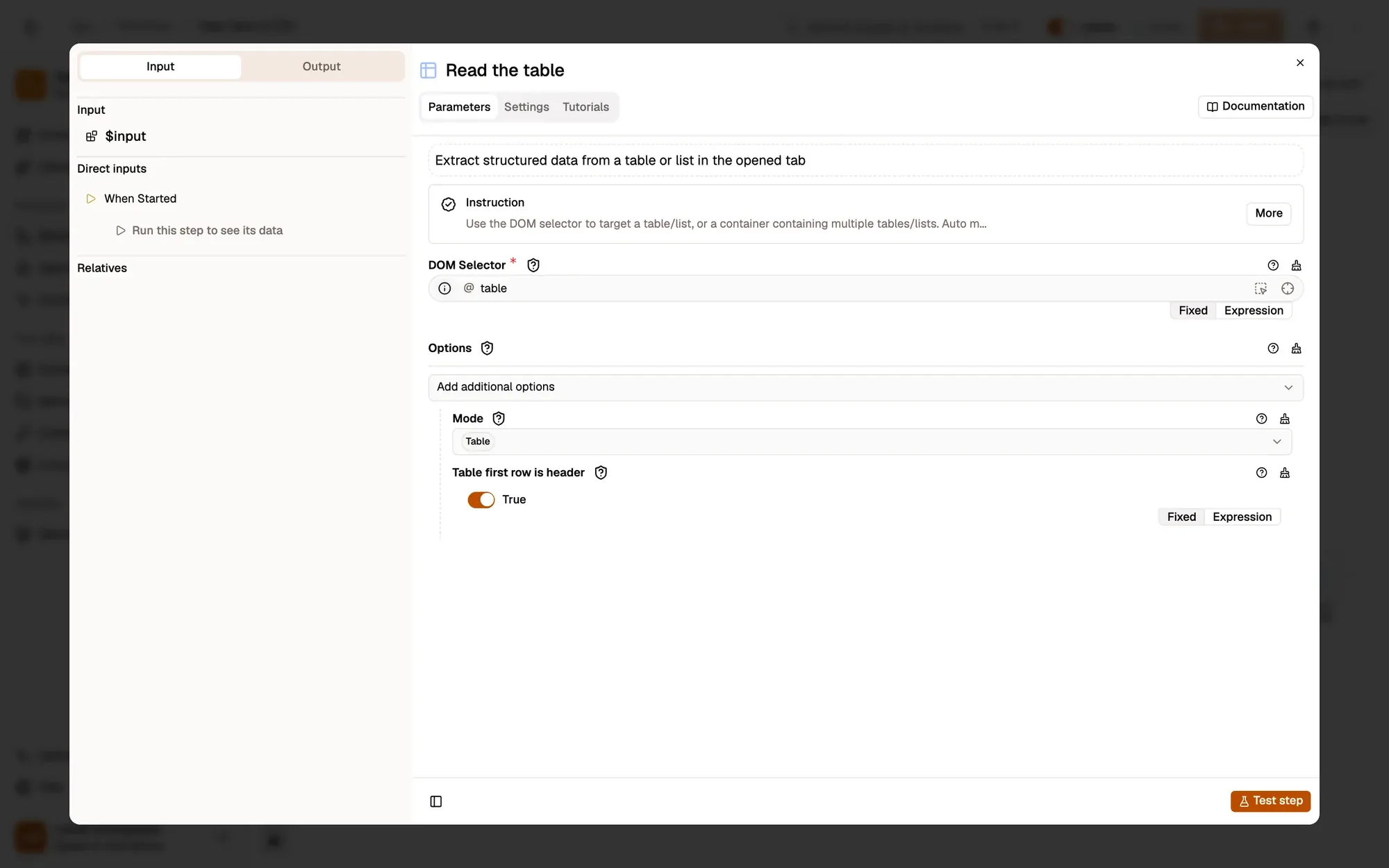 Step 2, close-up of the app: The DOM Selector field, outlined.