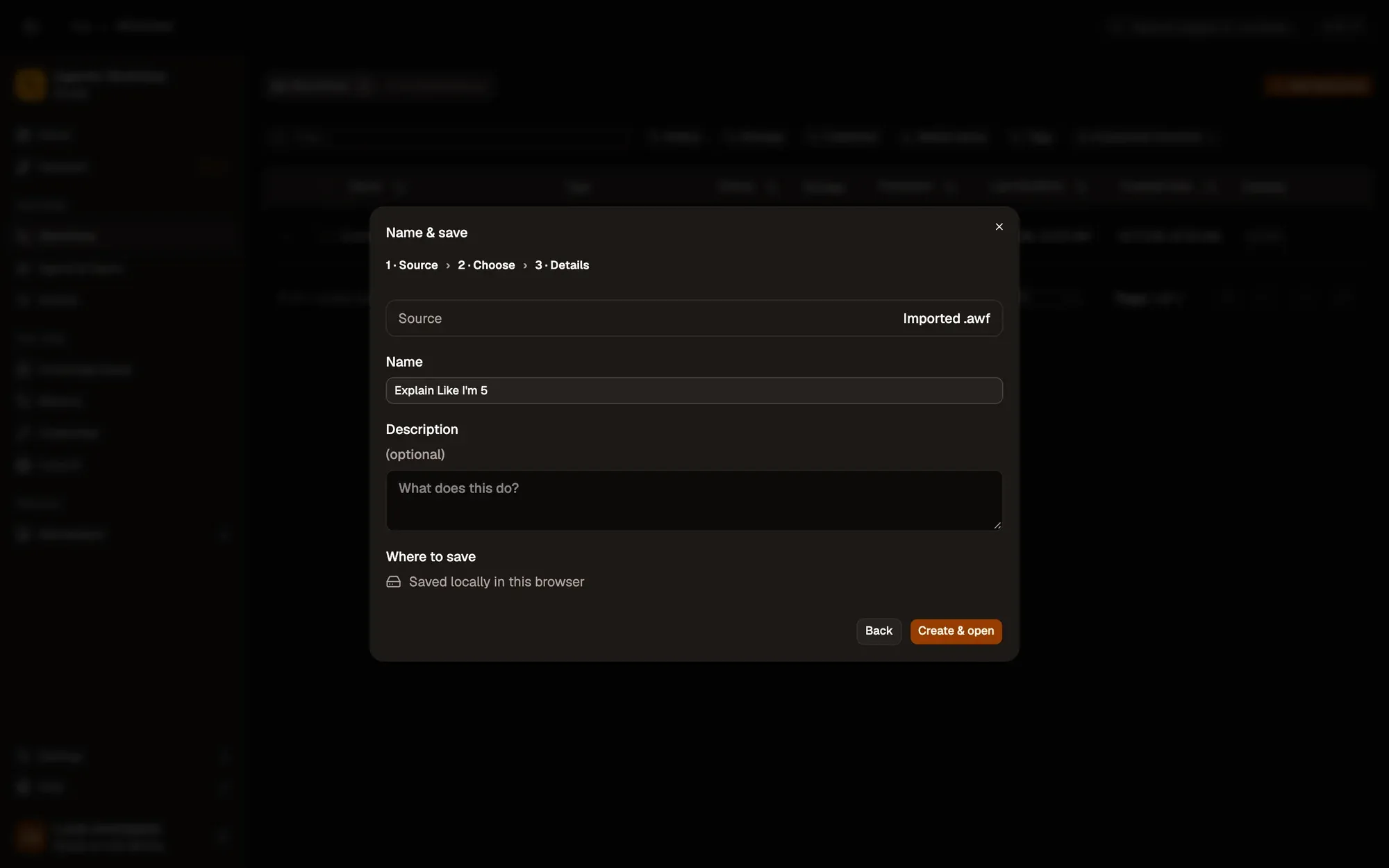 Step 1, close-up of the app: Create & open, outlined.