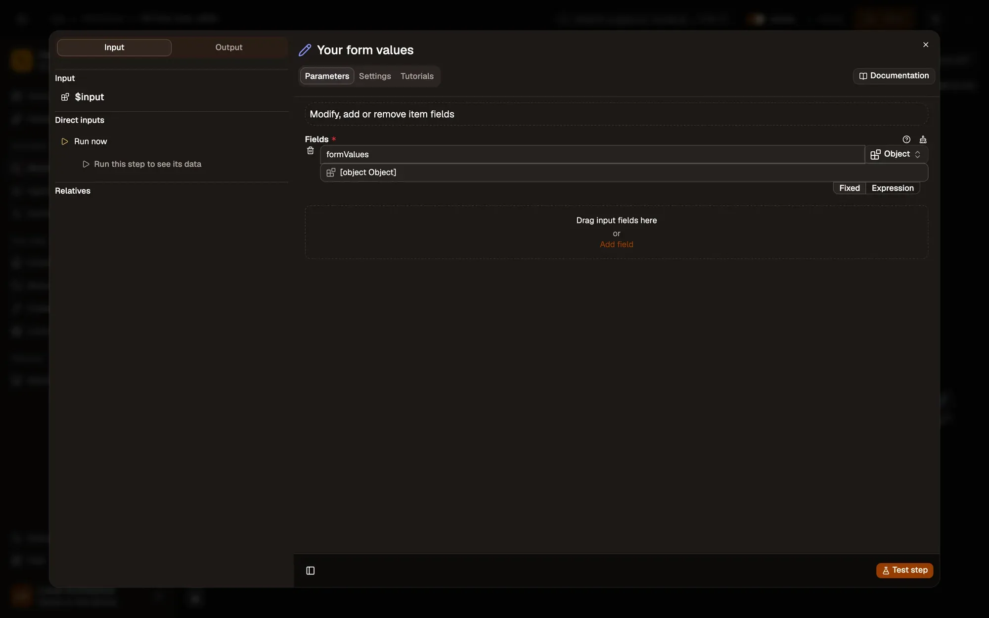 Step 2, close-up of the app: The formValues field, outlined.
