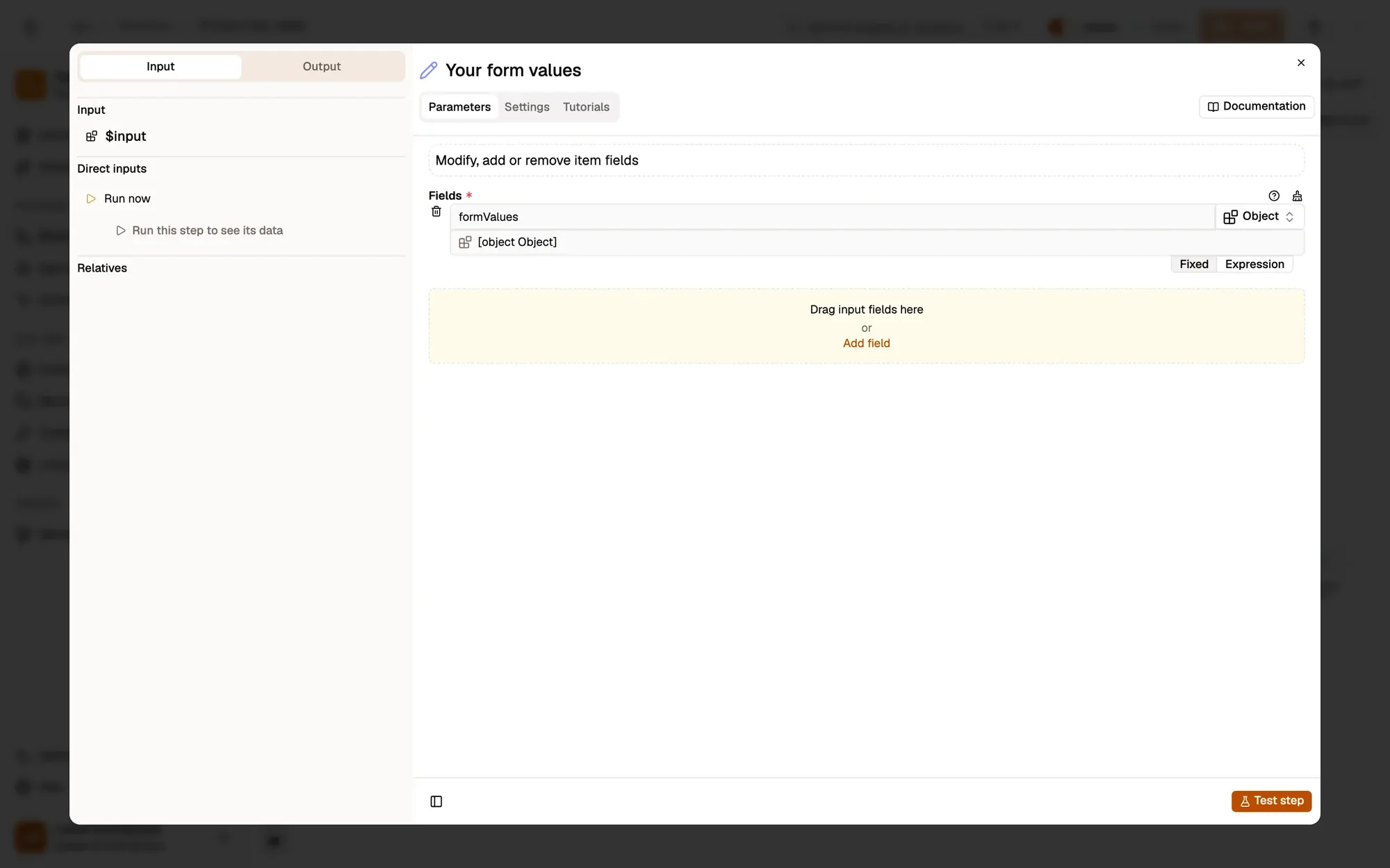 Step 2, close-up of the app: The formValues field, outlined.