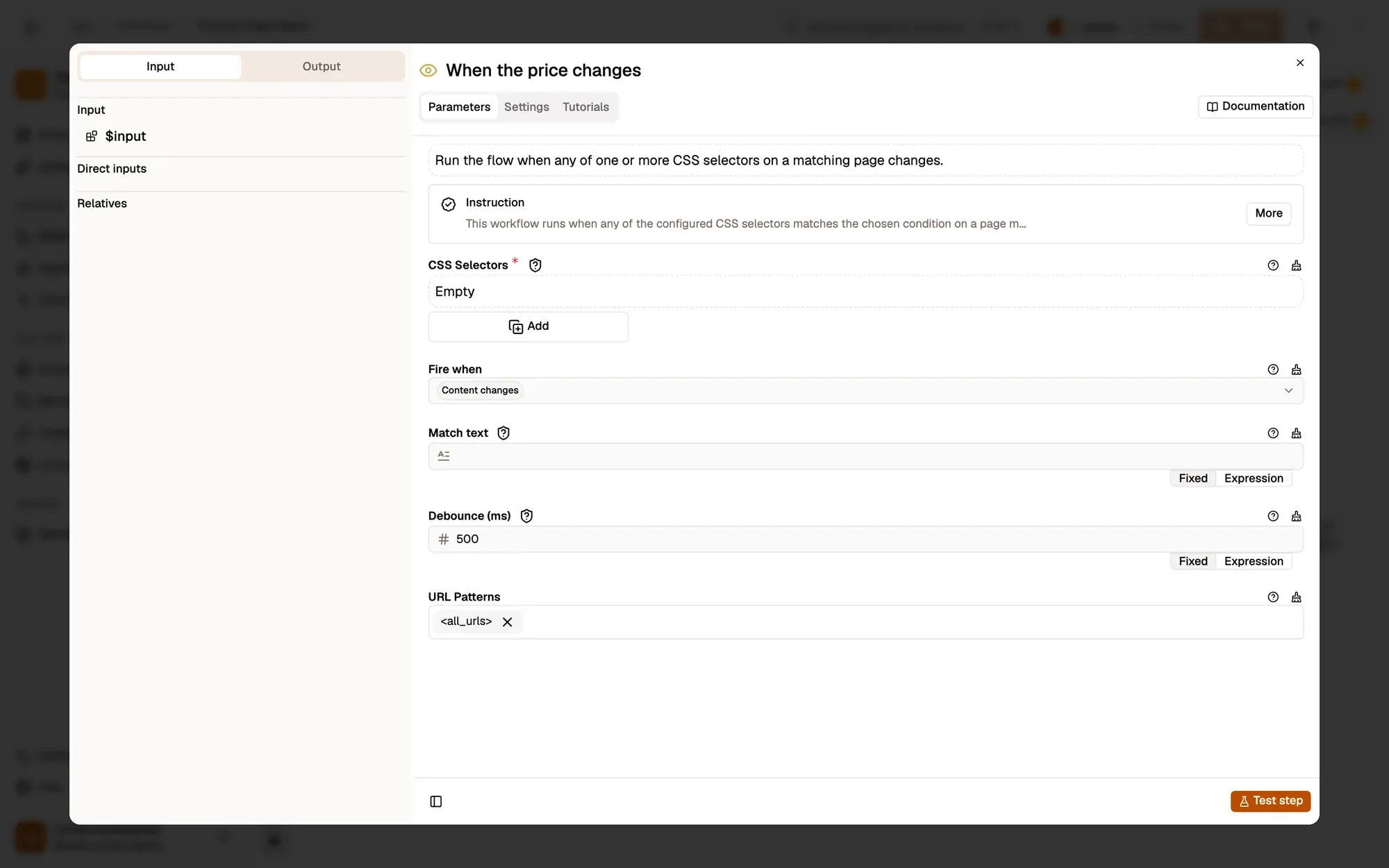 Step 1, close-up of the app: The CSS Selectors list, outlined.