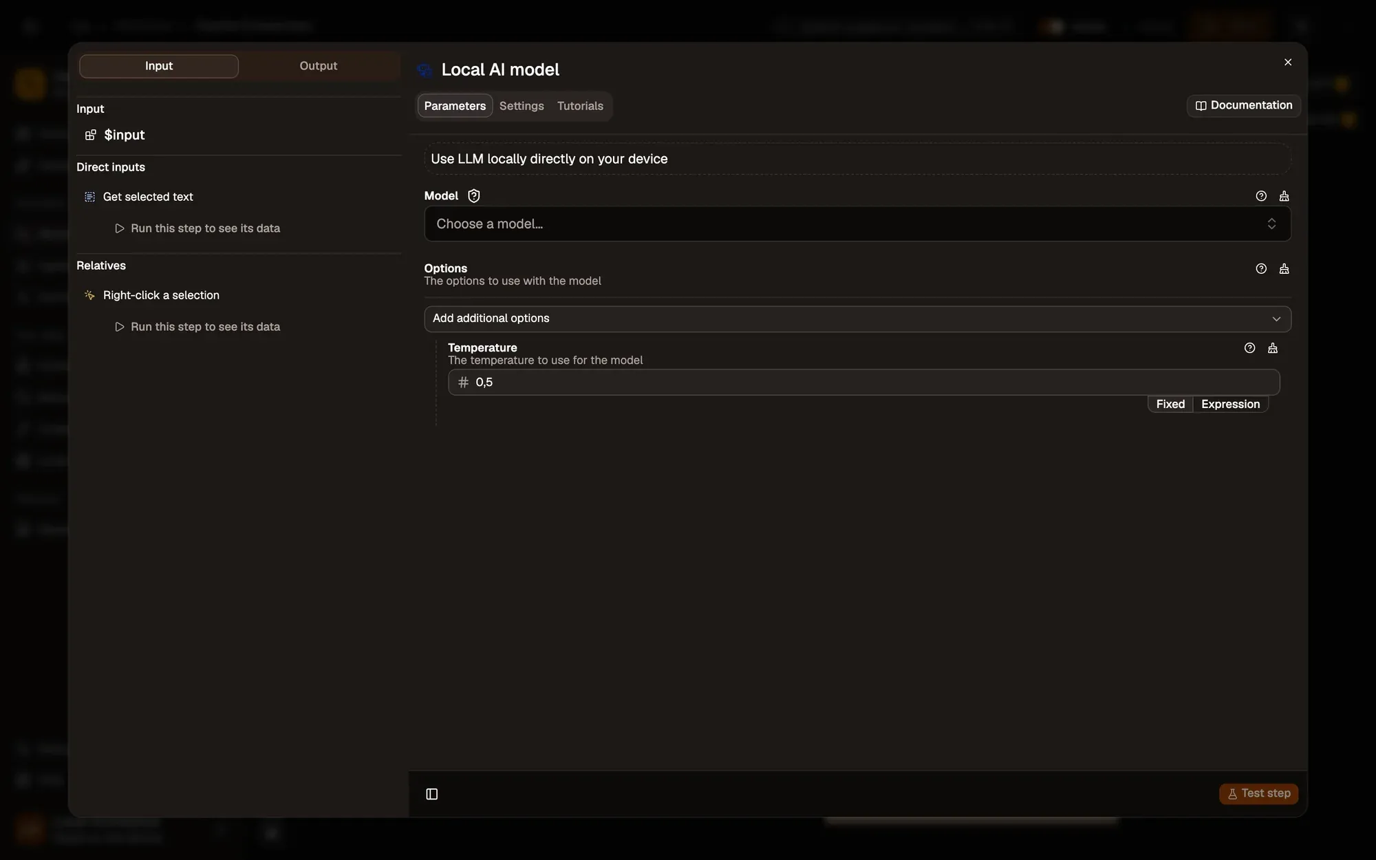 Step 1, close-up of the app: The Model menu, outlined.