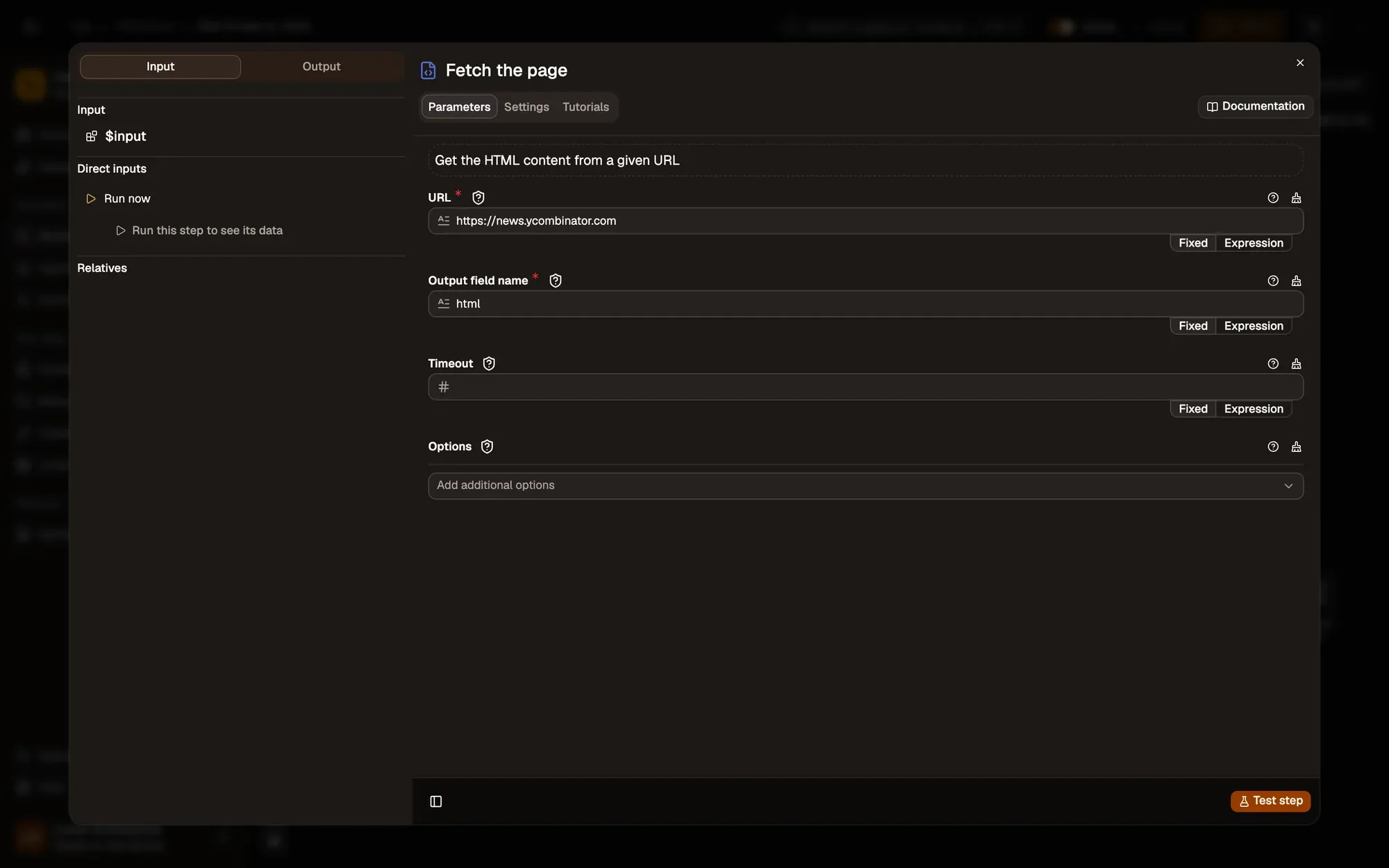 Step 2, close-up of the app: The URL field, outlined.