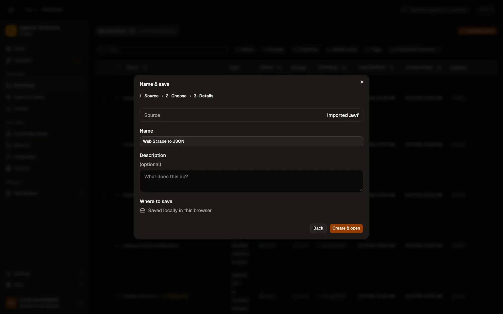Step 1, close-up of the app: Create & open, outlined.
