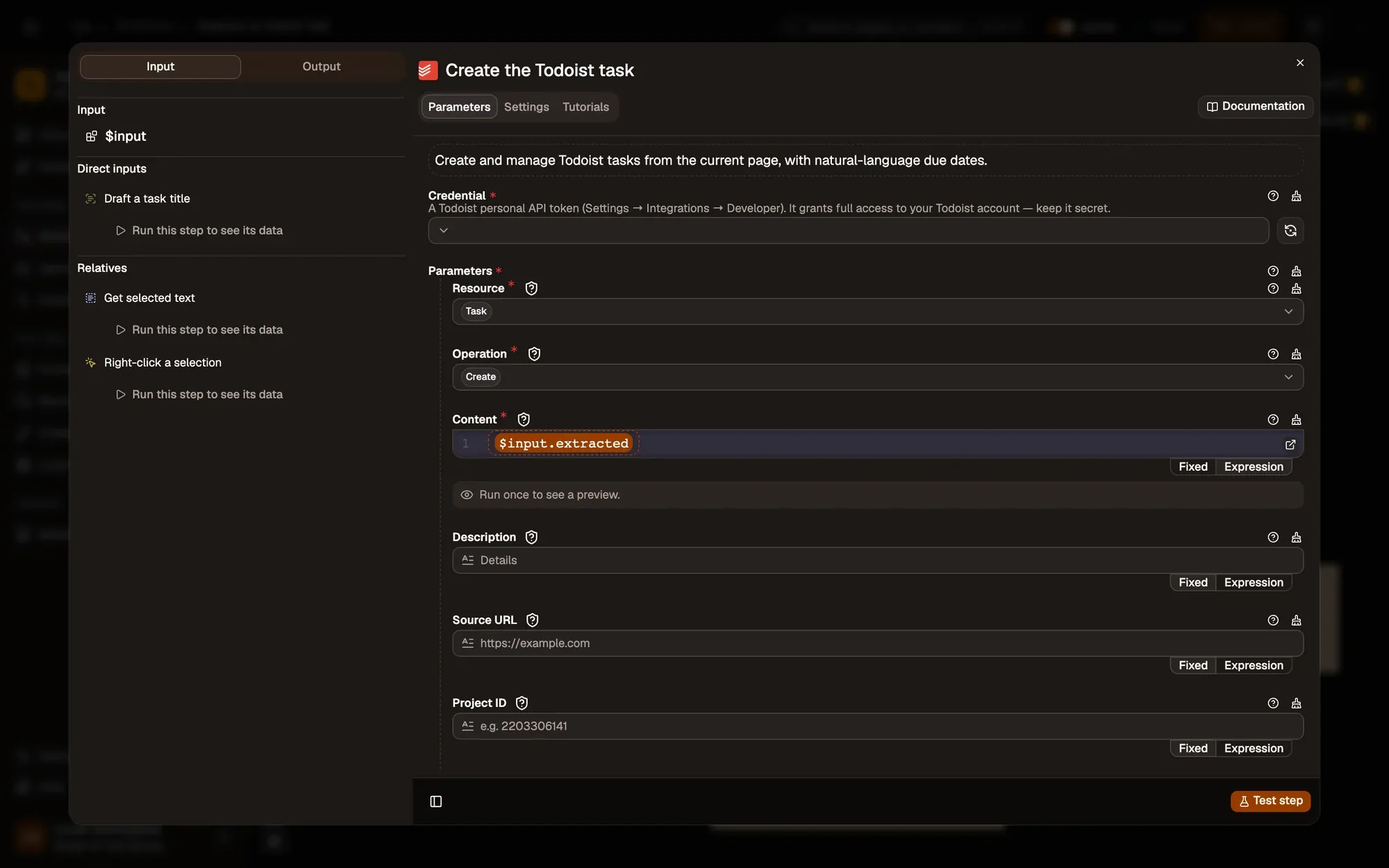 Step 4, close-up of the app: The Due (natural language) field, outlined.