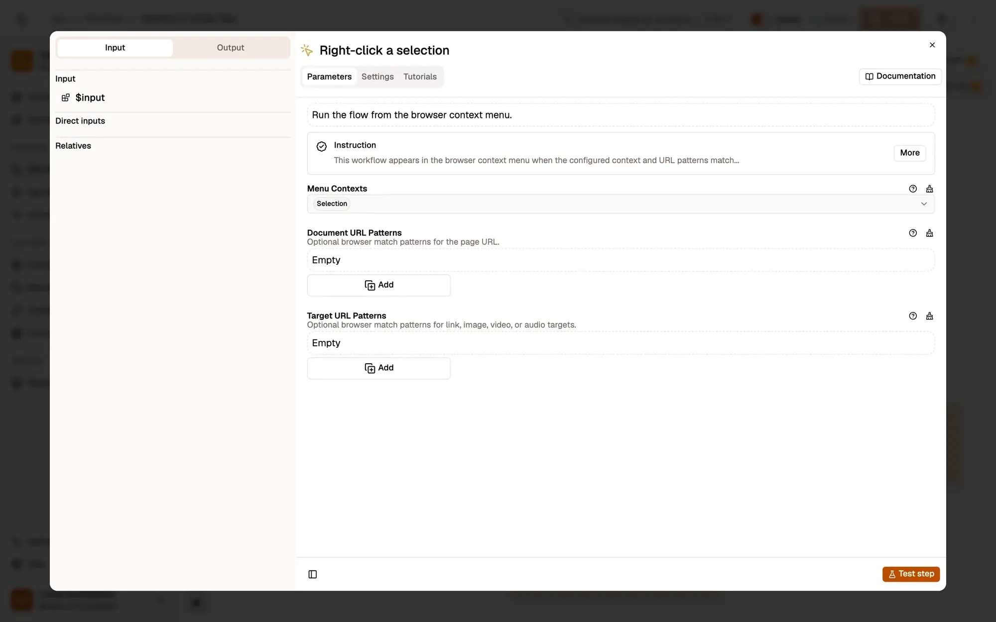 Step 1, close-up of the app: The Document URL Patterns field, outlined.