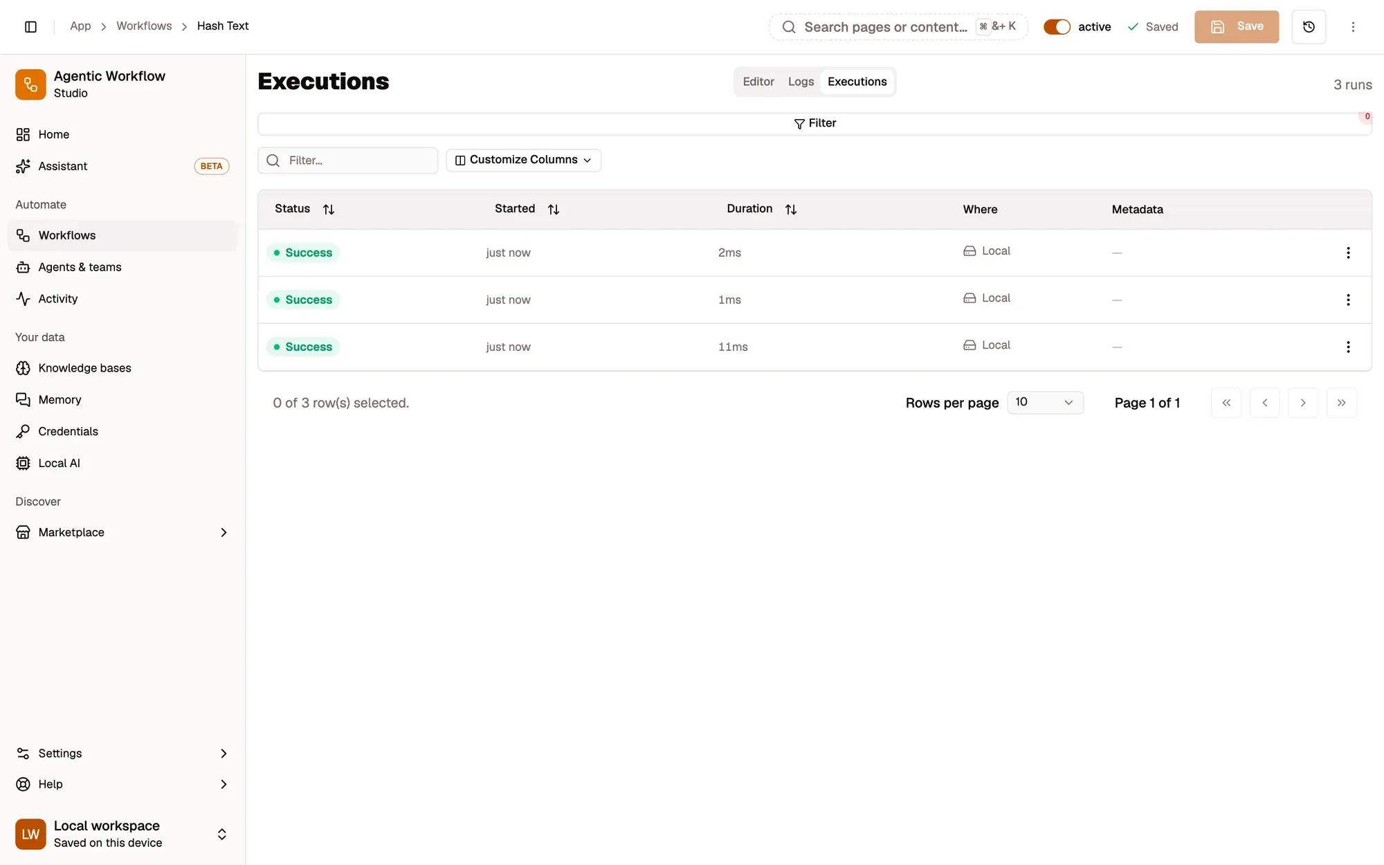 Step 5, close-up of the app: Executions tab, outlined.