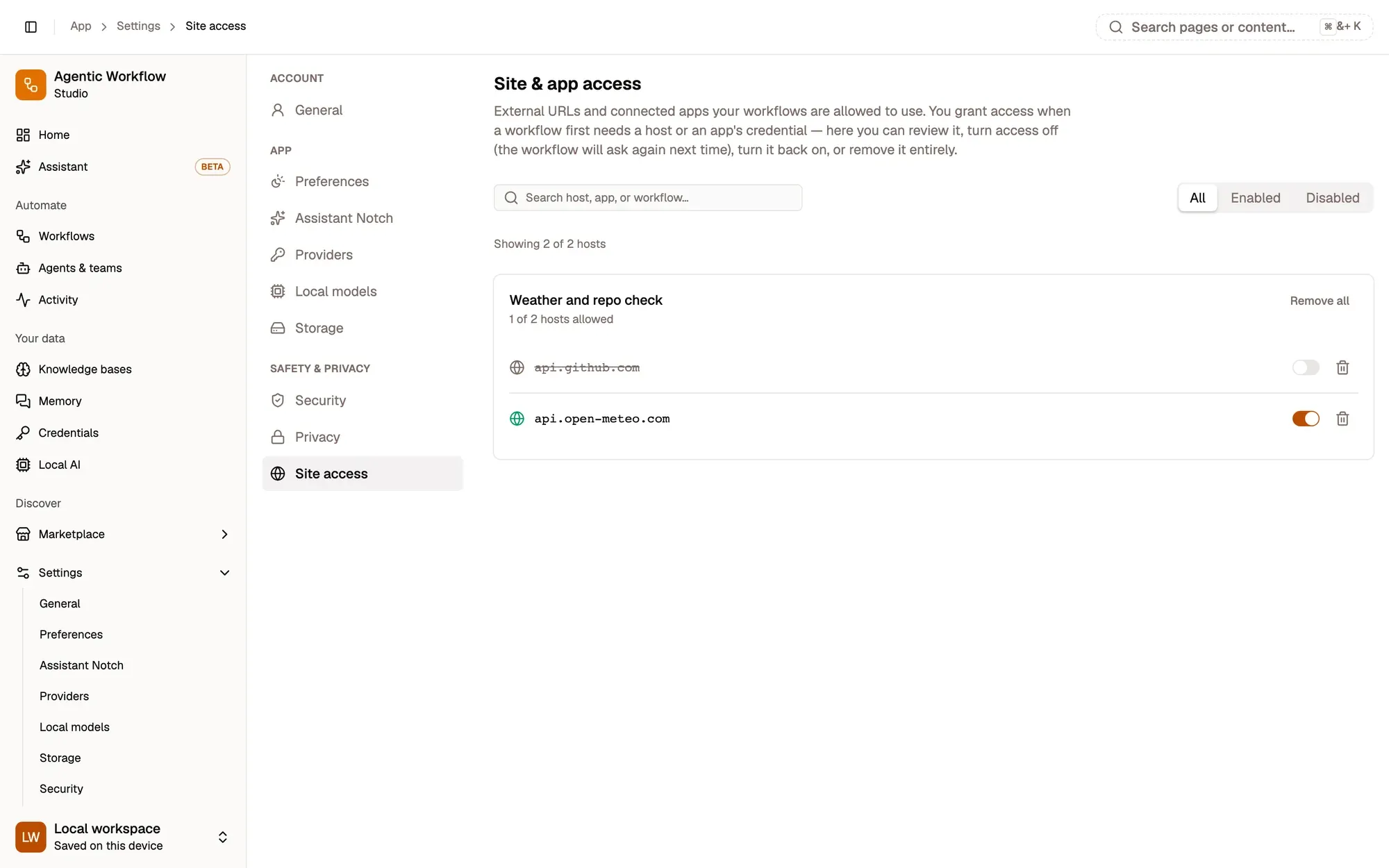 Step 3, close-up of the app: Switch a host off or on, outlined.