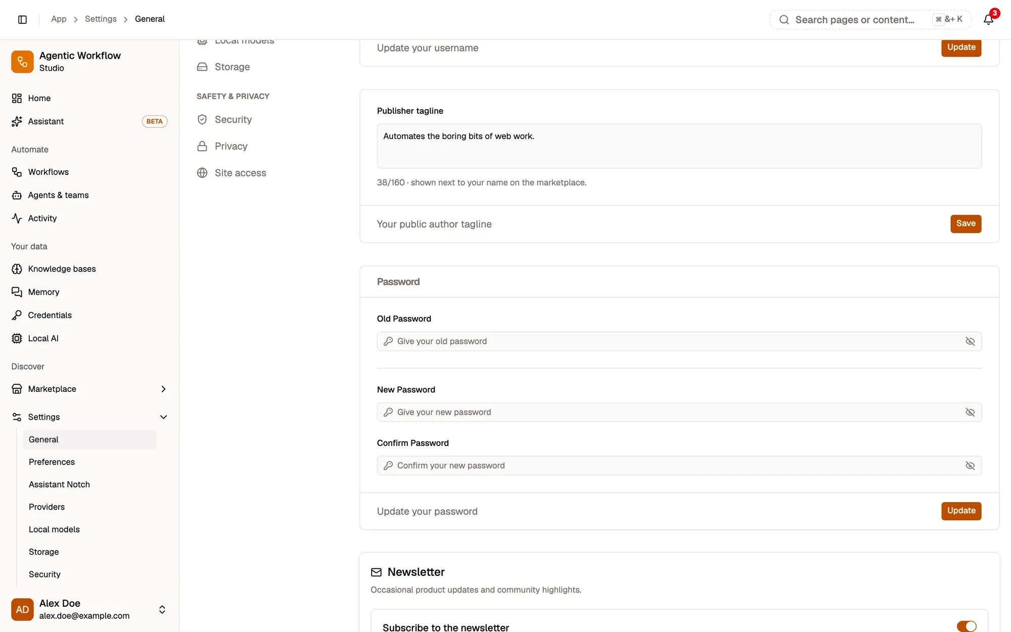 Settings, General, signed in as a fictional account, scrolled to the Password section (Old Password, New Password and Confirm Password, each with a show/hide eye, and Update) and the Newsletter section with the Subscribe to the newsletter switch.