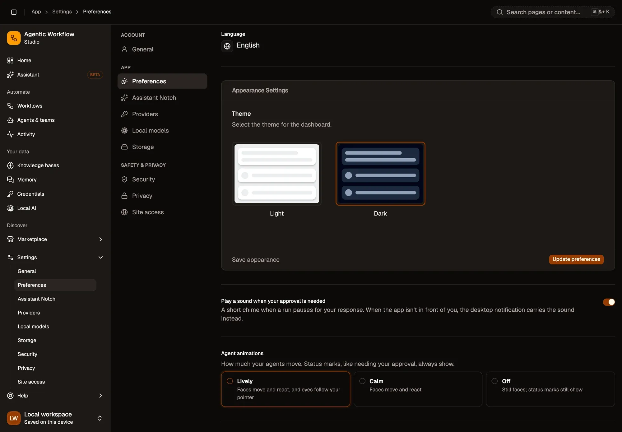 Settings, Preferences, in a local workspace: Language (English) with its Change language button, the Appearance Settings card with the Light and Dark theme choices and an Update preferences button, the Play a sound when your approval is needed switch (on), and Agent animations with Lively (selected), Calm and Off.