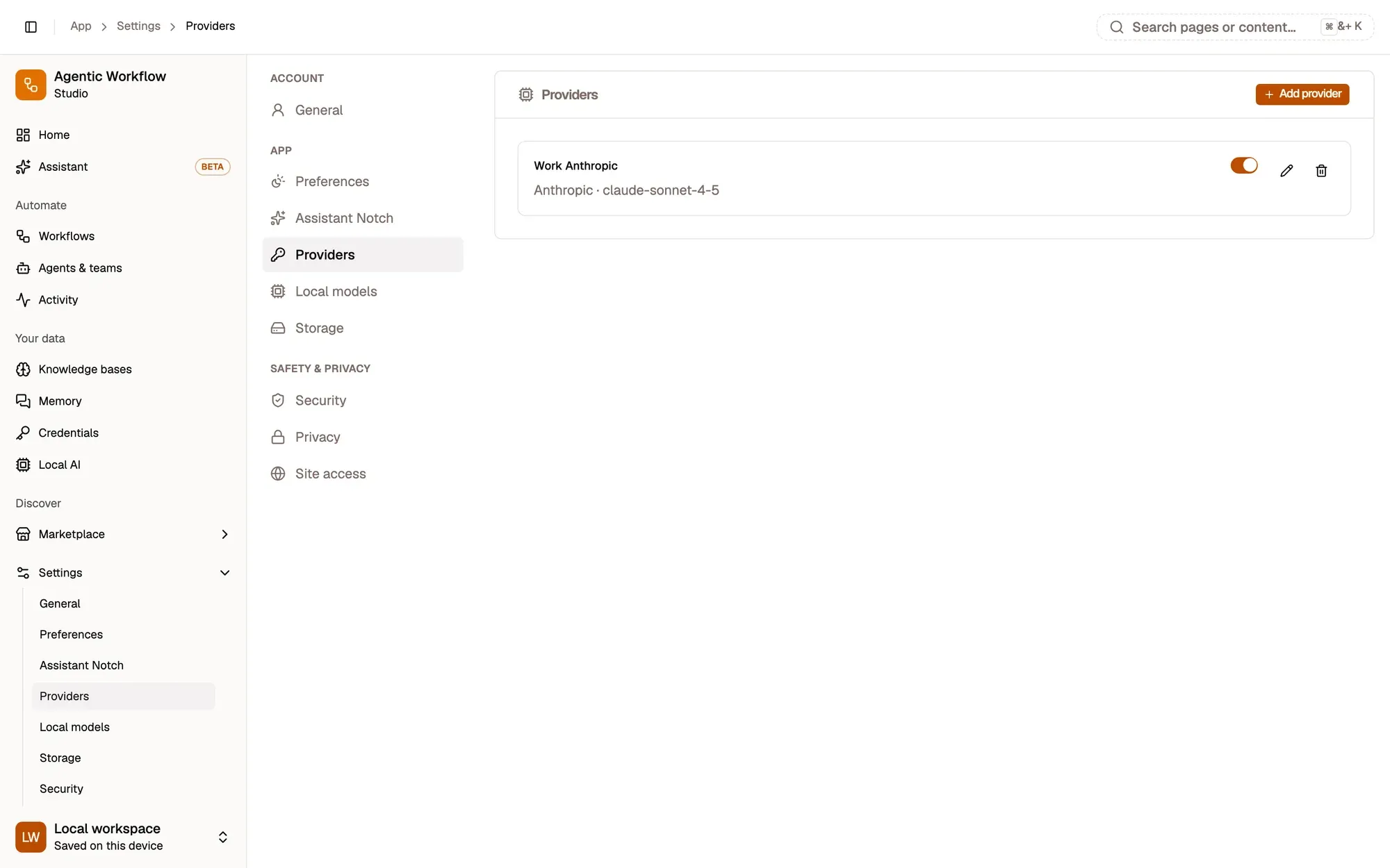 Step 1, close-up of the app: Add provider, outlined.