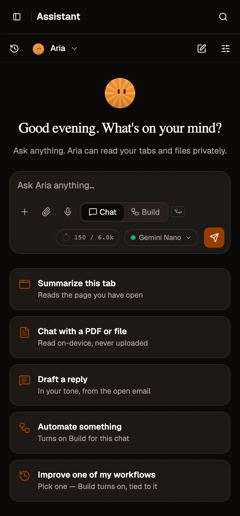 The AWFlow app at side-panel width (400 px) on the Assistant page: a compact header with the sidebar button and search, a row with chat history, the Aria agent switcher, new chat and chat settings, the greeting, the message box with Chat and Build modes, context meter and model picker, and suggestion cards stacked in one column.