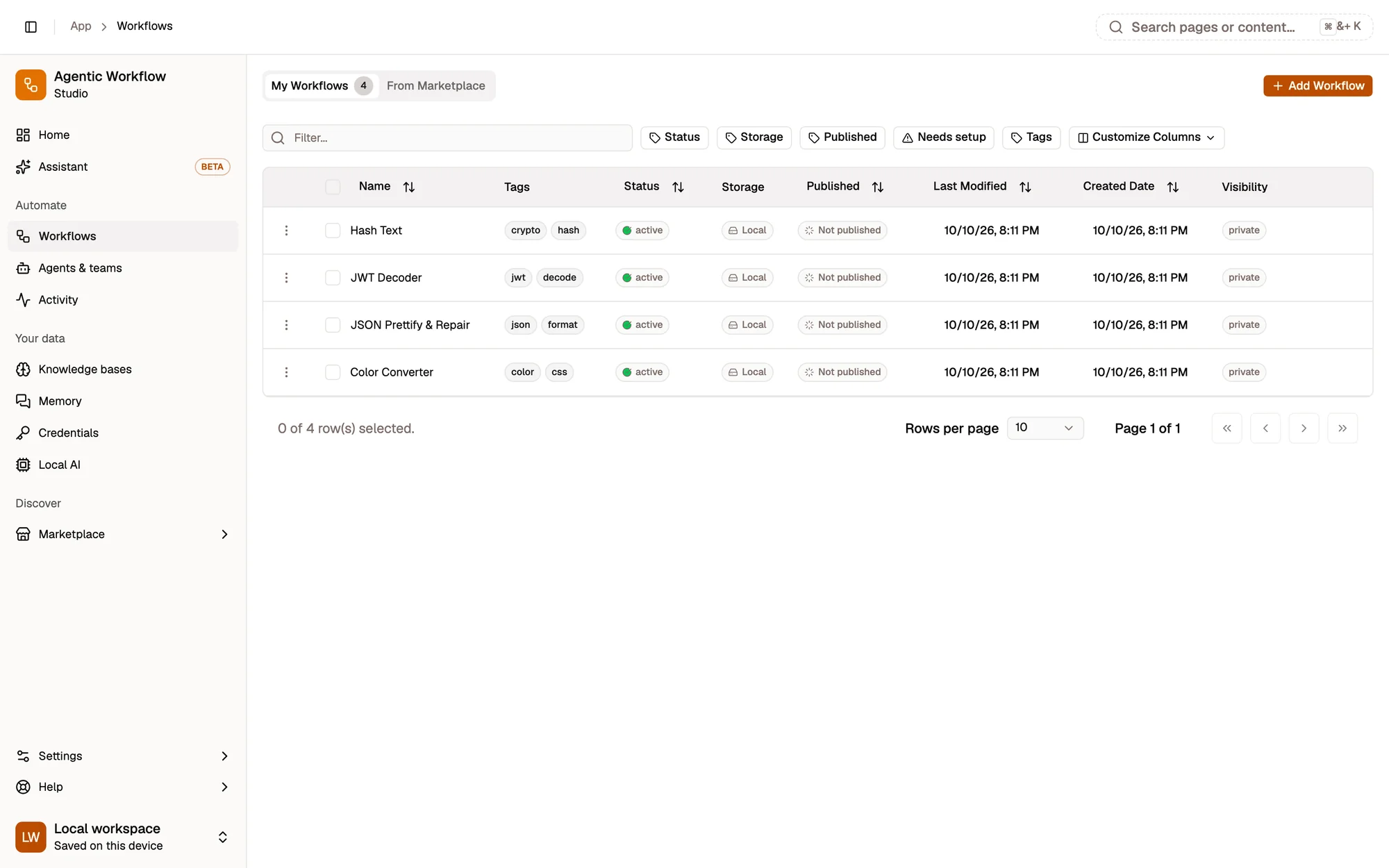 The Workflows page, My Workflows tab: four workflows (JSON Prettify & Repair, Hash Text, Color Converter, JWT Decoder) with their tags, active status, Local storage badge, Not published state and dates, above the Status, Storage, Published, Needs setup and Tags filters.